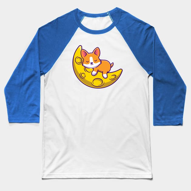 Cute Corgi Dog Sleeping On The Moon Cartoon Baseball T-Shirt by Catalyst Labs